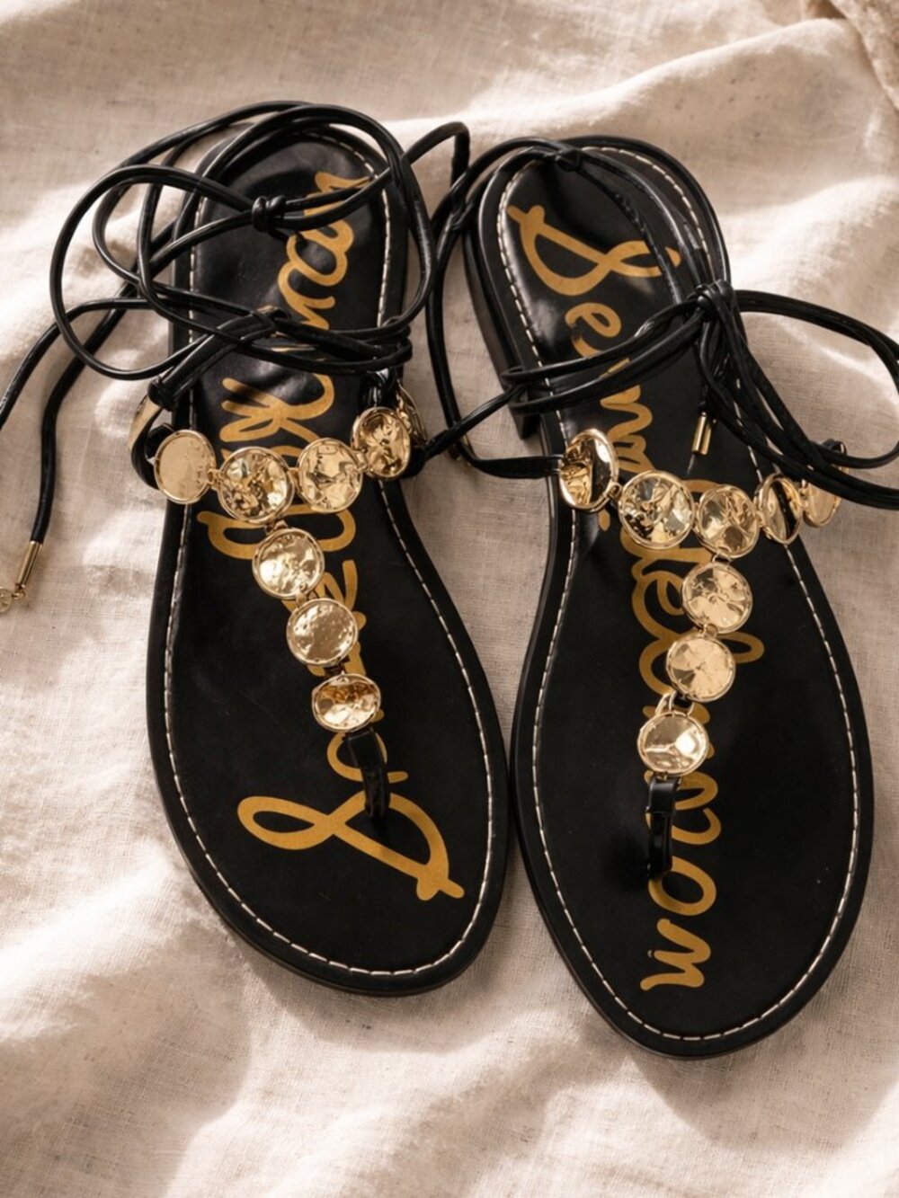 Sam Edelman Deirdre Strappy Ankle Wrap Sandals 8.5 NWT Black Gold Ankle Tie - Picture 3 of 13
